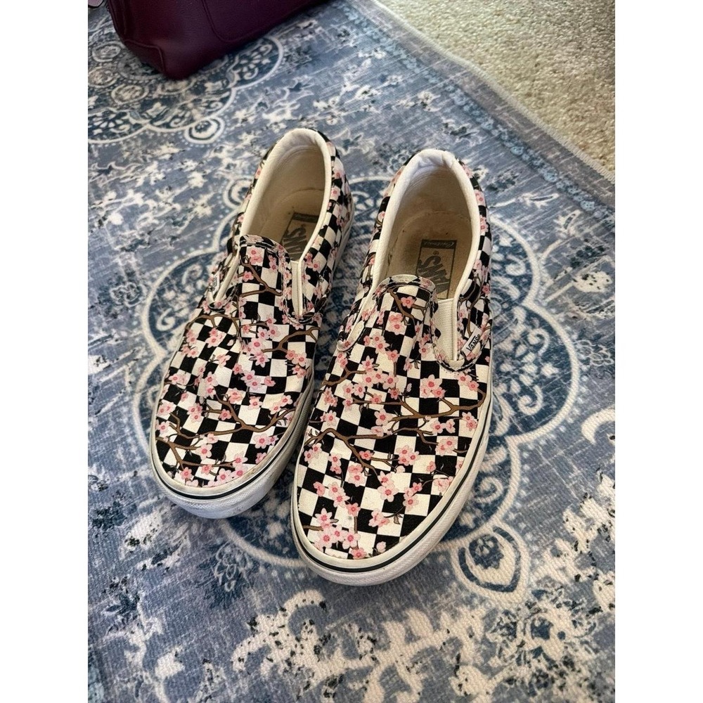 Vans Classic Slip-On Checkerboard Shoe in Cherry Blossom Pink black womens 9.5